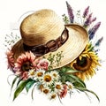 Beach Ready with a Summer Straw Hat: Sunflowers A Watercolor AI Generated Royalty Free Stock Photo