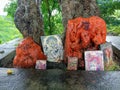 Stock photo of saffron color painted hindu god`s idol and few images kept under the tree. Royalty Free Stock Photo