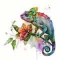 Chameleon watercolor with colorful flower - Generative AI