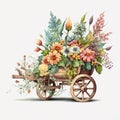 Flower Power Wagon: Rustic Wooden Cart Brimming with Spring Blooms AI Generated