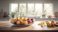 Womaan arrange fresh fruits bowl in a sunlit modern kitchen, vibrant and inviting