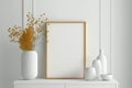 Mockup Picture Frame On Console Close Up in Scandinavian Style Home Minimal White Wooden Wall Background - Generative AI Royalty Free Stock Photo