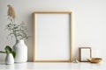 Mockup Close Up Photo Frame On Console in Scandinavian Style Home Minimal White Wooden Wall Background - Generative AI Royalty Free Stock Photo