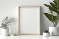 Mockup Close Up Photo Frame On Console in Scandinavian Style Home Minimal White Wooden Wall Background - Generative AI Royalty Free Stock Photo