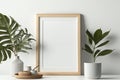 Mockup Photo Frame On Console Close Up in Scandinavian Style Home Minimal White Wooden Wall Background - Generative AI Royalty Free Stock Photo