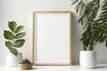 Blank Photo Frame On Console Close Up Mockup in Scandinavian Style Home Minimal White Wooden Wall Background - Generative AI Royalty Free Stock Photo