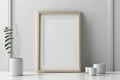 Blank Photo Frame On Console Mockup Close Up in Scandinavian Style Home Minimal White Wooden Wall Background - Generative AI Royalty Free Stock Photo