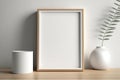 Mockup Close Up Blank Photo Frame On Console in Scandinavian Style Home Minimal White Wooden Wall Background - Generative AI Royalty Free Stock Photo