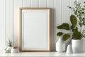 Close Up Blank Photo Frame On Console Mockup in Scandinavian Style Home Minimal White Wooden Wall Background - Generative AI Royalty Free Stock Photo