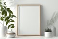 Close Up Blank Photo Frame Mockup in Scandinavian Style Home Minimal White Wooden Wall Background - Generative AI Royalty Free Stock Photo