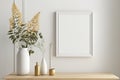 Mockup Blank Photo Frame Close Up in Scandinavian Style Home Minimal White Wooden Wall Background - Generative AI Royalty Free Stock Photo