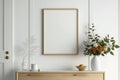 Mockup Blank Photo Frame Close Up in Scandinavian Style Home Minimal White Wooden Wall Background - Generative AI Royalty Free Stock Photo