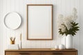 Close Up Mockup Frame in Scandinavian Style Home Interior Minimal White Wooden Wall Background - Generative AI Royalty Free Stock Photo