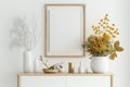 Mockup Frame Close Up in Scandinavian Style Home Interior Minimal White Wooden Wall Background - Generative AI Royalty Free Stock Photo