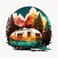 Exploring the Great Outdoors, A Vibrant Retro Camper Trip with Tent and Pile of Wood, Isolated on White Background - Generative AI