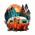 Forest Bound? A Vibrant Retro Camper Experience amongst the Trees, Isolated on White Background - Generative AI