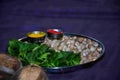 Stock photo of steel plate decorated with auspicious or rituals objects vermilion, betel leafs, betel nuts, turmeric for