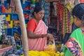 Stock photo of 60 to 70 age group Indian old women or grandma wearing saree, selling