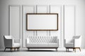 Mid Century White Room, One Vintage Large White Sofa and Armchairs, Blank Photo Frame Mockup - Generative AI