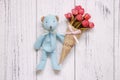 Stock photography retro white vintage painted wood floor background blue bear red rose flower Royalty Free Stock Photo
