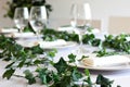 Elegant table setting with white tableware and minimal green ivy decoration Royalty Free Stock Photo