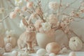 Blush, peach and beige Easter bunny themed still life table setting. Royalty Free Stock Photo