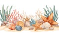 Illustration of an underwater scene featuring various seashells and starfish on a sandy ocean floor Royalty Free Stock Photo