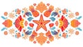Symmetrical illustration featuring a vibrant starfish at the center surrounded by various seashells, corals, and aquatic elements Royalty Free Stock Photo