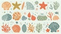 Illustrated collection of various seashells, starfish, corals, and marine elements in a palette of muted greens, oranges, and reds Royalty Free Stock Photo