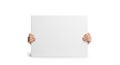 Hands Holding a Blank White Rectangular Sign or Board on a White Background stock (1144 Royalty Free Stock Photo