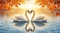 Two mute swans (*Cygnus olor*) float gracefully on calm water, forming a heart shape with their necks. Royalty Free Stock Photo