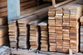 Stock of timber wood construction in warehouse. Royalty Free Stock Photo