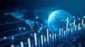 Stock trader analyzing bar graph digital data statistic finance with world map and globe