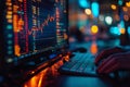 Stock trader analyzing charts on computer screen at night