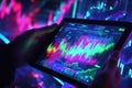 Stock trader analyzing cryptocurrency charts on tablet in futuristic environment