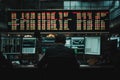 Stock trader analyzing financial data in a busy trading room at a financial institution