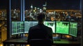 Stock Trader Man Using Multiple Monitors. Back view.. AI generated Royalty Free Stock Photo