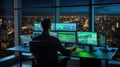 Stock Trader Man Using Multiple Monitors. Back view.. AI generated Royalty Free Stock Photo