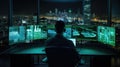 Stock Trader Man Using Multiple Monitors. Back view.. AI generated Royalty Free Stock Photo