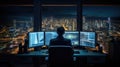 Stock Trader Man Using Multiple Monitors. Back view.. AI generated Royalty Free Stock Photo