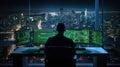 Stock Trader Man Using Multiple Monitors. Back view.. AI generated Royalty Free Stock Photo