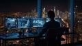 Stock Trader Man Using Multiple Monitors. Back view.. AI generated Royalty Free Stock Photo