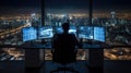 Stock Trader Man Using Multiple Monitors. Back view.. AI generated Royalty Free Stock Photo
