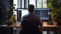 Stock Trader Man Using Multiple Monitors. Back view.Created with Generative AI technology.. AI generated Royalty Free Stock Photo