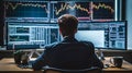 Stock Trader Man Using Multiple Monitors. Back view.Created with Generative AI technology.. AI generated Royalty Free Stock Photo