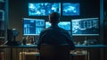 Stock Trader Man Using Multiple Monitors while working at night. Back view.Created with Generative AI technology.. AI Royalty Free Stock Photo