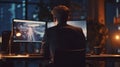 Stock Trader Man Using Multiple Monitors while working at night. Back view.Created with Generative AI technology.. AI Royalty Free Stock Photo