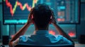 Stressed trader facing financial market crash on multiple monitors