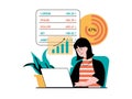 Stock trading concept with character situation. Woman earning money, analyzes data and has successful financial strategy on