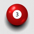 Stock vector of billiard ball number 3. Red color. Isolated wind object on transparent background Royalty Free Stock Photo